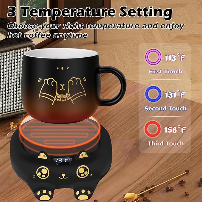 PUSEE Coffee Mug Warmer & Cute Cat Mug Set, Coffee Cup Warmer for Desk with Auto Shut Off, Beverage Warmer with 3 Temp Settings, Candle Warmer Coffee Warmer with Mug Set for Christmas & Birthday Gifts