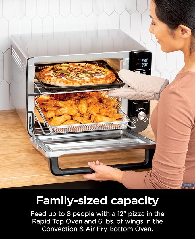 Ninja DCT401 12-in-1 Double Oven with FlexDoor, FlavorSeal & Smart Finish, Rapid Top Convection and Air Fry Bottom , Bake, Roast, Toast, Air Fry, Pizza and More, Stainless Steel