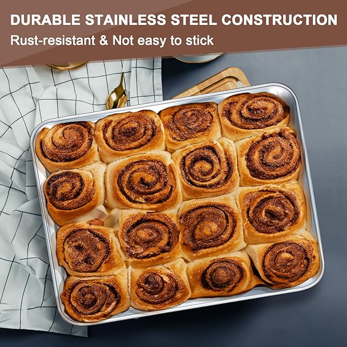 Baking Pans Set of 3, Commercial Grade Stainless Steel Cookie Pan for Baking, 12/10/9 Inch, Rectangle Bakeware Set for Cakes Breads Lasagna Casseroles, Rust & Warp Resistant & Nonstick, Heavy Duty