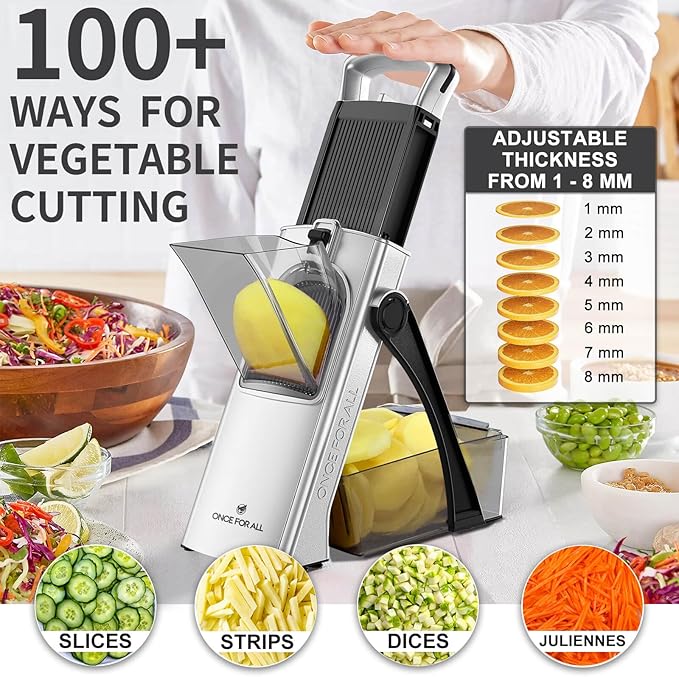 ONCE FOR ALL Upgrade Safe Mandoline Slicer Plus, Biger Size, Adjustable Vegetable Food Chopper Potato Fries Cutter, Detachable Blade, Kitchen Chopping Artifact, Gift (Black)
