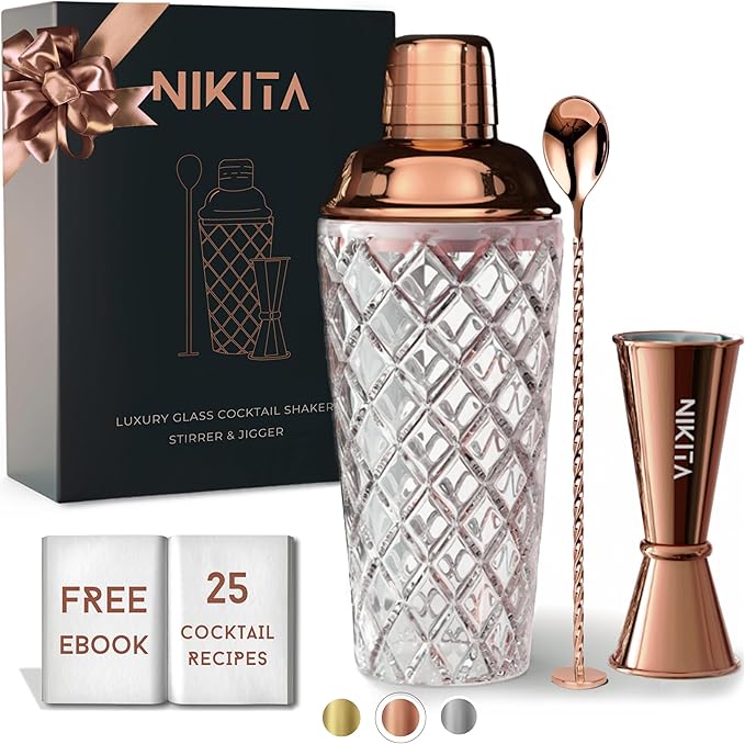 Rose Gold Cocktail Shaker Set - 5 Piece Martini Shaker Set with Strainer, Jigger, Spoon & Muddler - 16oz Glass Cocktail Shaker Set - Ideal Gift for Home Bar & Drink Trolley Décor