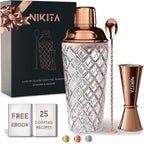 Rose Gold Cocktail Shaker Set - 5 Piece Martini Shaker Set with Strainer, Jigger, Spoon & Muddler - 16oz Glass Cocktail Shaker Set - Ideal Gift for Home Bar & Drink Trolley Décor