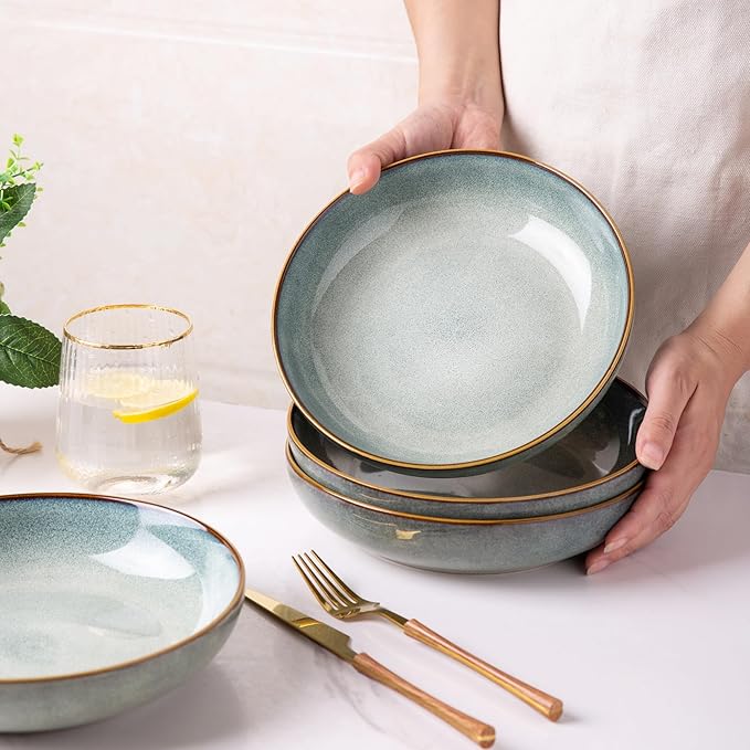 AmorArc 8.5'' Large Ceramic Pasta Bowls, 36oz Stoneware Pasta Serving Bowls Set of 4 for Kitchen, Wide Bowls for Pasta,Salad,Oatmeal, Microwave Safe, Reactive Glaze-Ocean
