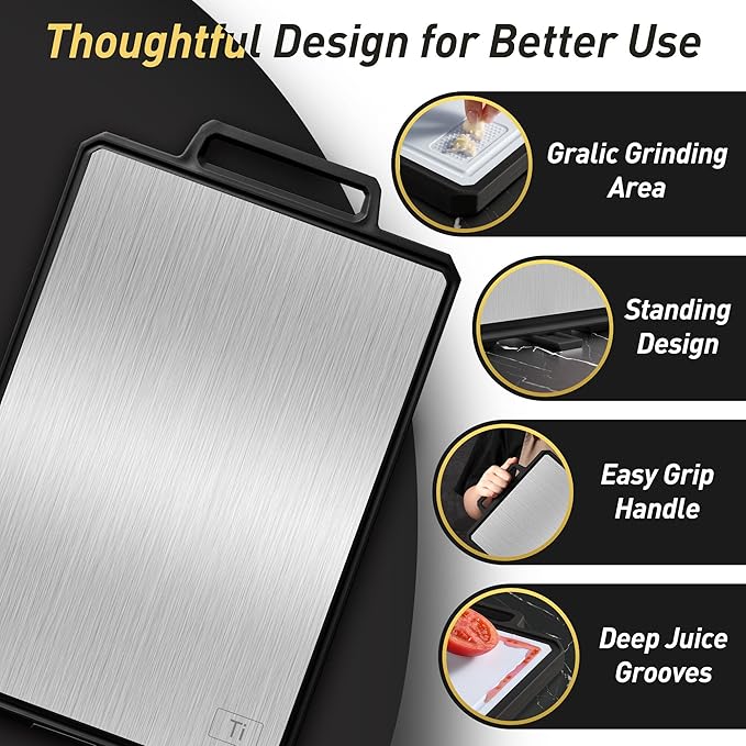 Titanium Cutting Boards for Kitchen Chopping Board with Handle Large Big Small Kitchen Meat Butcher Block 2 in 1 Pure Titanium and Wheat Straw PP Not Wood Bamboo Plastic Silicone Teak Black/White