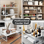 2Pack Expandable Cabinet Shelf Organizers, Stackable Metal Shelves Extender for Kitchen Countertop Storage, Adjustable Spices Shelves Rack Stand for Cupboard Pantry, White