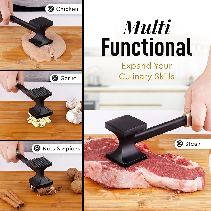 Zulay 10" Meat Tenderizer Hammer – Heavy-Duty Dual-Sided Mallet with Non-Slip Grip – Metal Meat Pounder for Tenderizing Beef, Chicken, Pork & More – Kitchen Tool for Cooking & BBQ - Black
