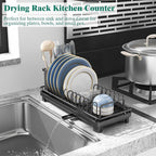 Small Sink Dish Drying Rack with Drainboard, Compact Dish Drainer for Kitchen Countertop, Rustproof Plate Organizer with Utensil Holder, Black