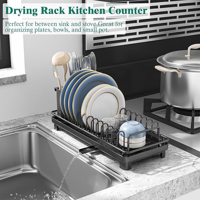Small Sink Dish Drying Rack with Drainboard, Compact Dish Drainer for Kitchen Countertop, Rustproof Plate Organizer with Utensil Holder, Black