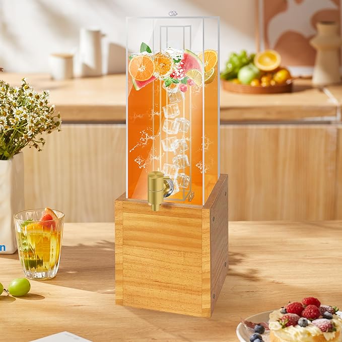 Beverage Dispenser with Stand, 2 Gallon Drink Dispenser, Drink Dispensers for Parties, Individual Ice Container (Wood)