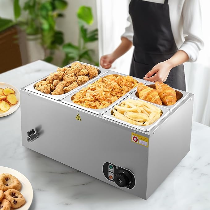 WILPREP Commercial Food Warmer with Two 1/3 & Two 1/6 Pans, 1500W Countertop Electric Warmer, 86-185°F Adjustable Temp Control, Stainless Steel Buffet Bain Marie