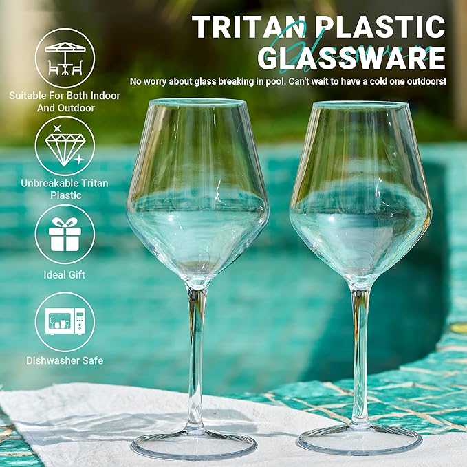 MICHLEY Unbreakable Stemmed Wine Glass 100% Tritan Plastic Dishwasher available Glassware 15 oz, Set of 8