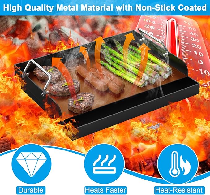 17" x 13" Nonstick Grill Griddle for Most Gas Grills, Universal Flat Top Griddle for Charcoal/Gas Stove, Cooking Griddle Plate with Removable Handles & Grease Groove for Camping, Tailgating, Parties