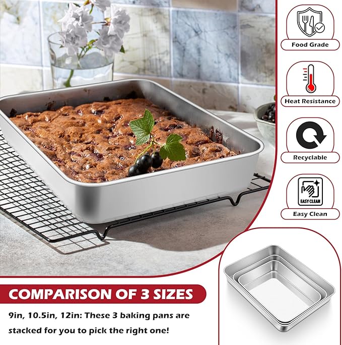 Leonyo Rectangular Cake Pan, 12⅓ x 9¾ x 2 Inch Stainless Steel Baking Trays, Nonstick & Oven Safe, Deep Lasagna Pan for Focaccia, Bread, Brownies, Casseroles