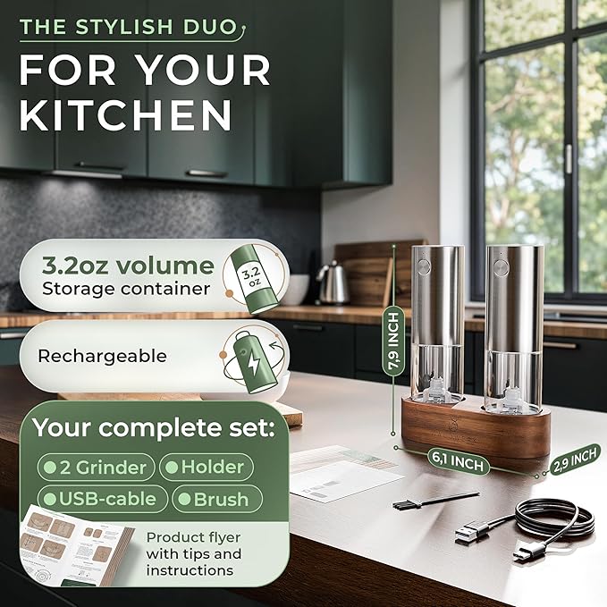WALDWERK Electric Salt and Pepper Grinder Set (300 mAh Rechargeable Battery) - Salt and Pepper Shakers with Elegant Acacia Wood Stand – Rechargeable Automatic Salt and Pepper Grinder Set