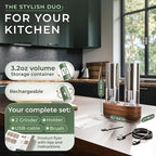 WALDWERK Electric Salt and Pepper Grinder Set (300 mAh Rechargeable Battery) - Salt and Pepper Shakers with Elegant Acacia Wood Stand – Rechargeable Automatic Salt and Pepper Grinder Set