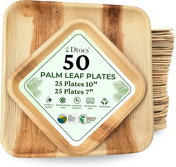 Dtocs Palm Leaf Plates (50) - 10 Inch Square Dinner (25), 7" Dessert (25) | Bamboo Plates Disposable Look Dinnerware Set | Sturdy, Compostable Alternative to Paper, Plastic Party Pack