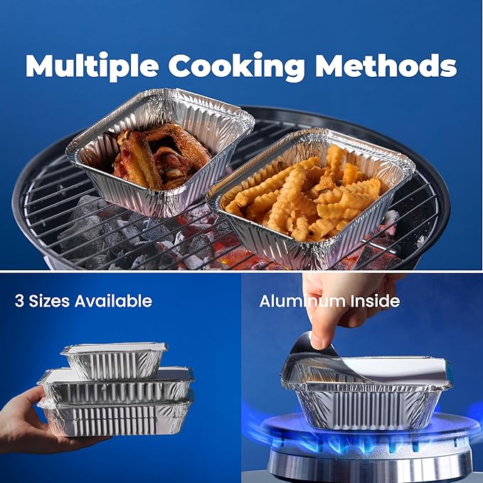 Fit Meal Prep 100 Pack 1 lb Small Aluminum Foil Pans with Lids, Disposable Take Out Food Containers with lids for Freshness and Spill Proof, Disposable Cookware for Catering, Restaurants