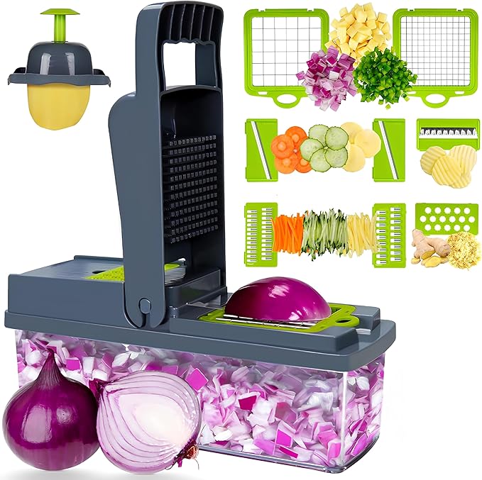Vegetable Chopper, Veggie Chopper with Container and Lid, Kitchen Vegetable Slicer, Cheese and Onion Slicer, Multifunctional Food Chopper (Black)