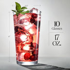Drinking Glasses Set Of 10-17 OZ. Oversized Pint Beer Glasses, Highball Glass Cups, Juice, Cocktails, Wine, Iced Tea, Bar Glass. Dishwasher Safe.