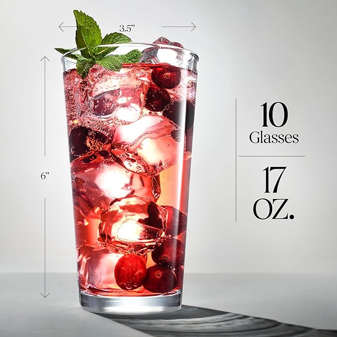 Drinking Glasses Set Of 10-17 OZ. Oversized Pint Beer Glasses, Highball Glass Cups, Juice, Cocktails, Wine, Iced Tea, Bar Glass. Dishwasher Safe.