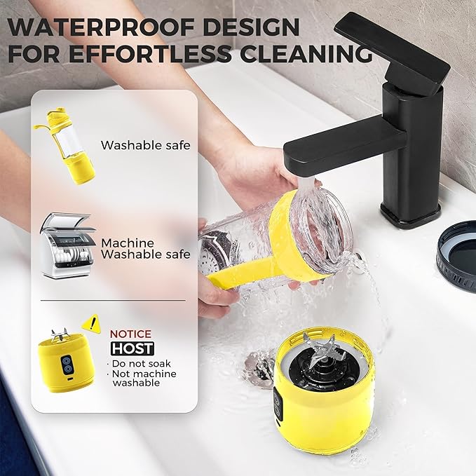 Portable Blender, Anti-Jamming 300 Watt for Shakes and Smoothies, 24oz Travel Blender USB Rechargeable, BPA Free Sporty bottle with a Travel Lid. (Black Base Grey Lid) (Yellow Base Yellow Lid)