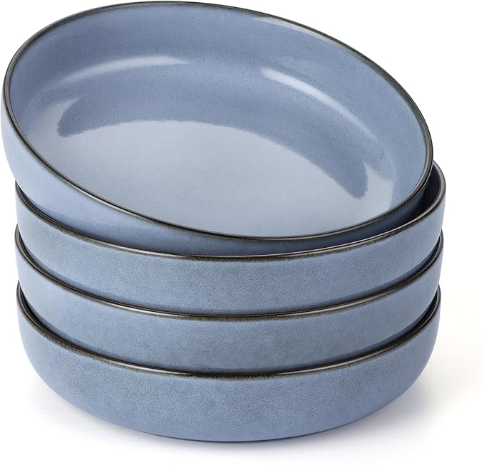 E-far Pasta Bowls Set of 4, 35oz Large Salad Bowls for Serving, Wide and Shallow Ceramic Plates for Kitchen, Double Reactive Glaze, Microwave and Dishwasher Safe, Ocean Blue