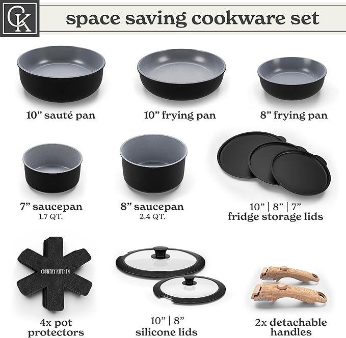 Country Kitchen Cookware Set with Removable Handle, Oven & RV Safe Pots and Pans Set, Black/Grey Wood Handle, Original