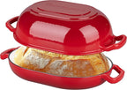 Enameled Cast Iron Sourdough Bread Oven, Dutch Oven, Loaf Cast Iron Bread Pan for Homemade Bread Baking, Meatloaf Pan with Lid, 7QT, Red
