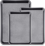 Vinino Baking Sheet Set of 3, Cookie Sheets For Baking with Square Texture Pattern, Thicker Carbon Steel Non-stick Baking Pan Half/Quarter/Jelly Roll Pans Tray for Oven-Grey