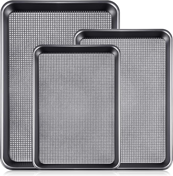 Vinino Baking Sheet Set of 3, Cookie Sheets For Baking with Square Texture Pattern, Thicker Carbon Steel Non-stick Baking Pan Half/Quarter/Jelly Roll Pans Tray for Oven-Grey