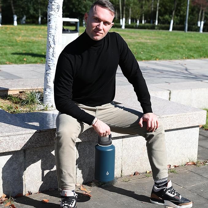 BJPKPK Half Gallon Water Bottle Insulated, Dishwasher Safe 64 oz Water Bottle with Handle, Leakproof BPA Free Water Jug, Large Stainless Steel Thermos for Sports, Navy Blue