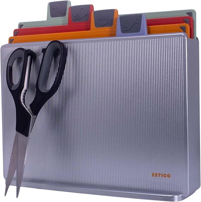 4-Piece Non-Toxic Cutting Board Set with Premium Scissors and Holder (Tall Silver)