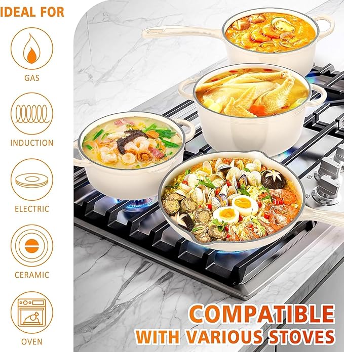 Hisencn Enameled Cast Iron Cookware Set - 7 Piece Dutch Ovens Set, Sauce Pan, Skillet, 3 Lids, Pots and Pans Set, Ceramic Coated Cast Iron, Heavy Duty, Gas/Induction Compatible, PFA Free