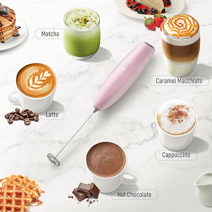 Zulay Powerful Milk Frother for Coffee with Upgraded Titanium Motor - Handheld Electric Whisk, Milk Foamer, Mini Mixer & Coffee Blender for Frappe, Latte, Matcha, No Stand - Pink