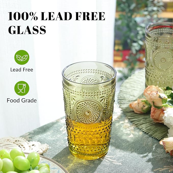 Joeyan Green Vintage Drinking Glasses,Embossed Boho Sunflower Highball Water Glass Tumbler,14 oz Colored Beaded Glassware for Beverages Juice Whisky Cocktail Beer Wine Milk of 4,Dishwasher Safe
