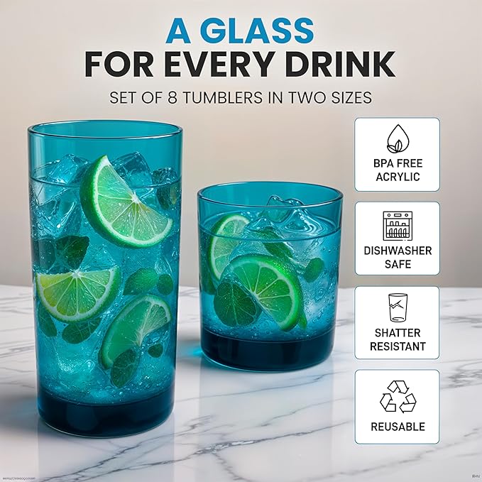 Zulay Kitchen Acrylic Glasses Drinkware - 8 Piece Unbreakable Plastic Tumblers - BPA-Free, Reusable Plastic Drinking Glasses for Home & Outdoors - Lead-Free & Dishwasher Safe - Turquoise - (12&16oz)