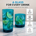 Zulay Kitchen Acrylic Glasses Drinkware - 8 Piece Unbreakable Plastic Tumblers - BPA-Free, Reusable Plastic Drinking Glasses for Home & Outdoors - Lead-Free & Dishwasher Safe - Turquoise - (12&16oz)