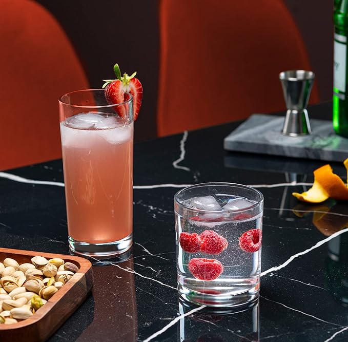 Everyday Drinking Glasses Set of 8 Drinkware Hurricane Glasses, Kitchen Glasses for Cocktail, Iced Coffee, Beer, Ice Tea, Wine, Whiskey, Water, 4 Tall Glass Cups & 4 Short Dof Drinking