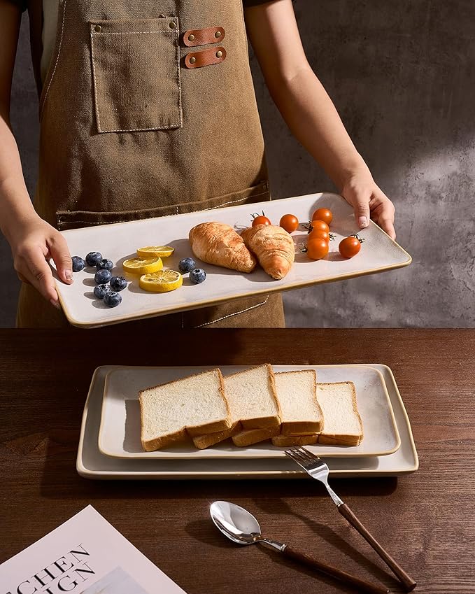 famiware Serving Platter, Rectangular 15.67/14.1/12.6inch Serving Dishes for Entertaining, Microwave Dishwasher Safe, Stoneware Serving Trays for Party, Turkey, Cheese, Ocean Series, Cappuccino White
