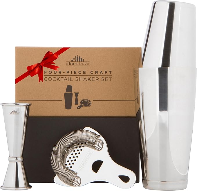 A Bar Above Cocktail Shaker Set, 4-Piece Professional Bartender Kit with Boston Shaker, Strainer, Jigger, and Bar Spoon, Stainless Steel Bar Accessories for Craft Cocktails, Silver