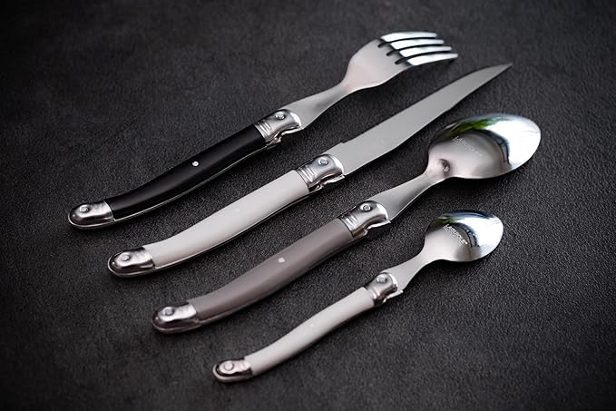 Laguiole Heritage Dinnerware Set; Luxury French Flatware in Premium Stainless Steel with Ergonomic ABS Handles; Features 6 Steak Knives, Forks, Tea/Coffee & Dessert Spoons, Iris, 24-Piece