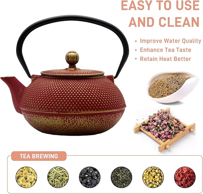 Cast Iron Teapot Tea Kettle with Stainless Steel Infuser for Stovetop Safe Coated with Enameled Interior Japanese Red Tetsubin for Loose Tea(30.4oz/900ml)