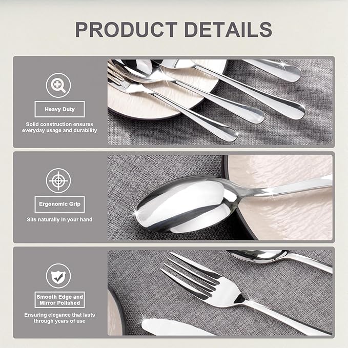 Silverware Set, 30-Piece Flatware Cutlery Set Service for 6, Modern Heavy Duty Design, 18/10 Stainless Steel Utensils, Dishwasher Safe
