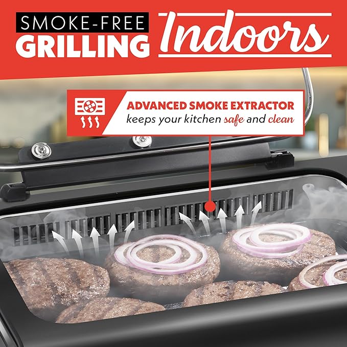 Gourmia Smokeless Indoor Grill & Air Fryer with Recipe Book – Electric Grill for Indoor Use, 5‑in‑1 Countertop Cooker, Cast-Iron Grate, 1650W, Glass Lid, Dishwasher-Safe Plates