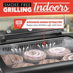 Gourmia Smokeless Indoor Grill & Air Fryer with Recipe Book – Electric Grill for Indoor Use, 5‑in‑1 Countertop Cooker, Cast-Iron Grate, 1650W, Glass Lid, Dishwasher-Safe Plates