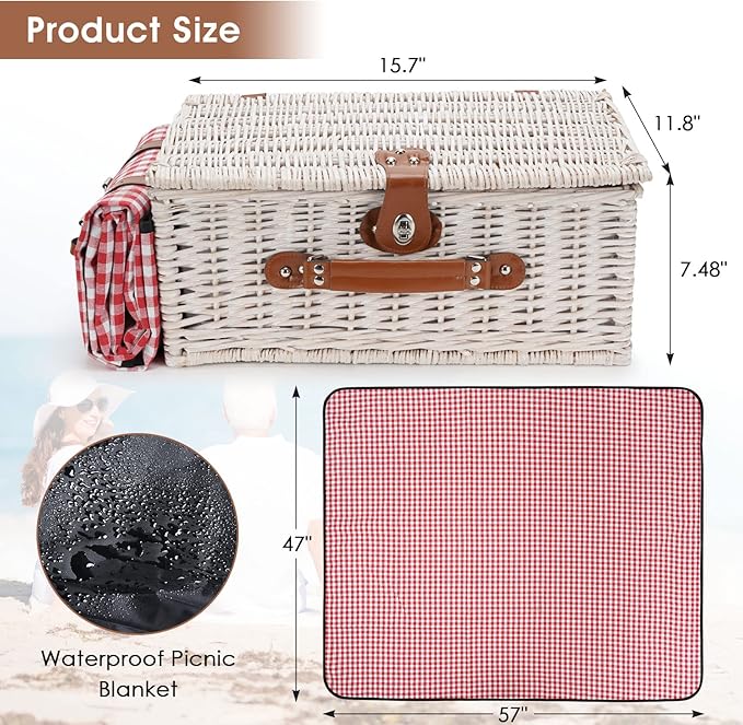 HappyPicnic Fitted Picnic Baskets Cooler Set for 4 Persons with Large Waterproof Picnic Blanket, Insulated Compartment and Cutlery Service Kit-Red