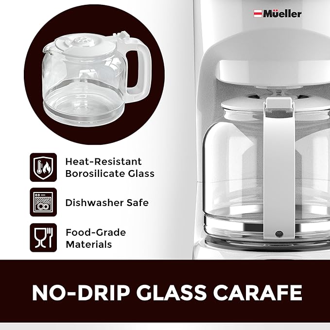 MUELLER HOME 12-Cup White Coffee Maker - Borosilicate Carafe, Auto-Off, Reusable Filter, Anti-Drip, Keep-Warm Function, Clear Water Level Window, White Kitchen Accessories