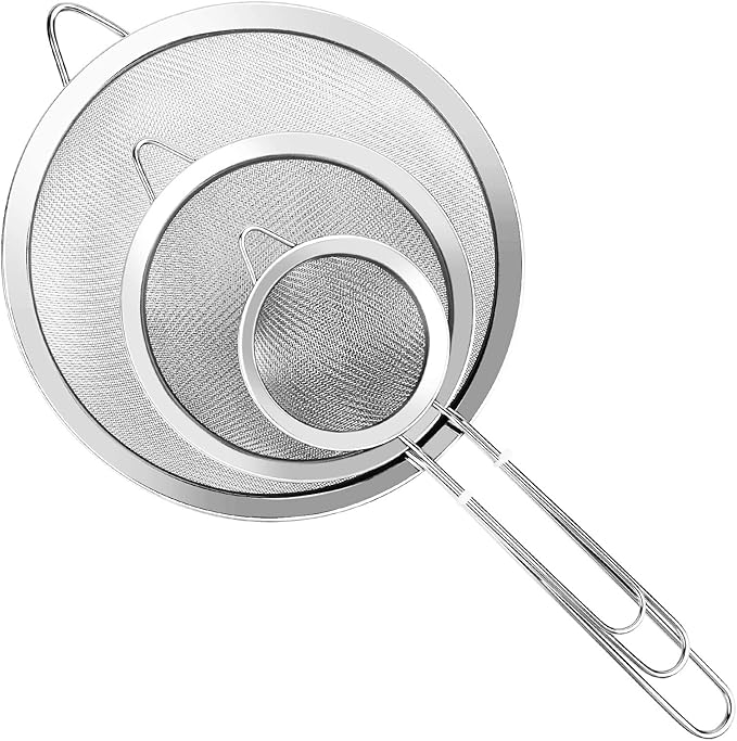 3Pcs Super Wire Extra Fine Mesh Strainer with Handle, Small Medium Large Size Sifter Metal Strainer Set, Stainless Steel Sieve Fine Mesh Strainers for Kitchen Rice Juice Quinoa Food Flour Baking YLYL