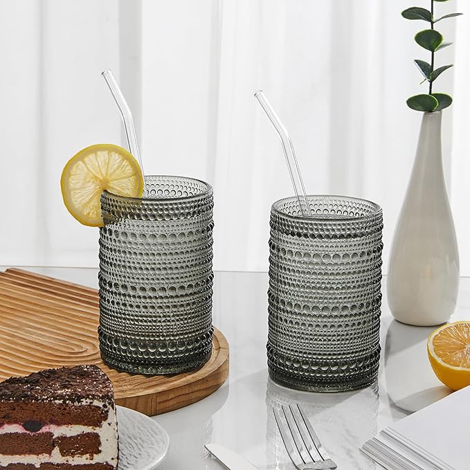 Hobnail Drinking Glasses Set of 6,15 oz Vintage Glassware Set Cocktail Glass Set, Embossed Grey Water Tumbler,for Beer, Whiskey,Juice and Various Mixed Drinks (15OZ Grey)