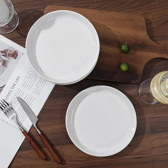 8-Inch Stoneware Plates Set of 4 - Porcelain Dinner Plates - Microwave and Dishwasher Safe, Ceramic Plates Set,Scratch Resistant. Kitchen Porcelain Dish,White(Brown Bottom)